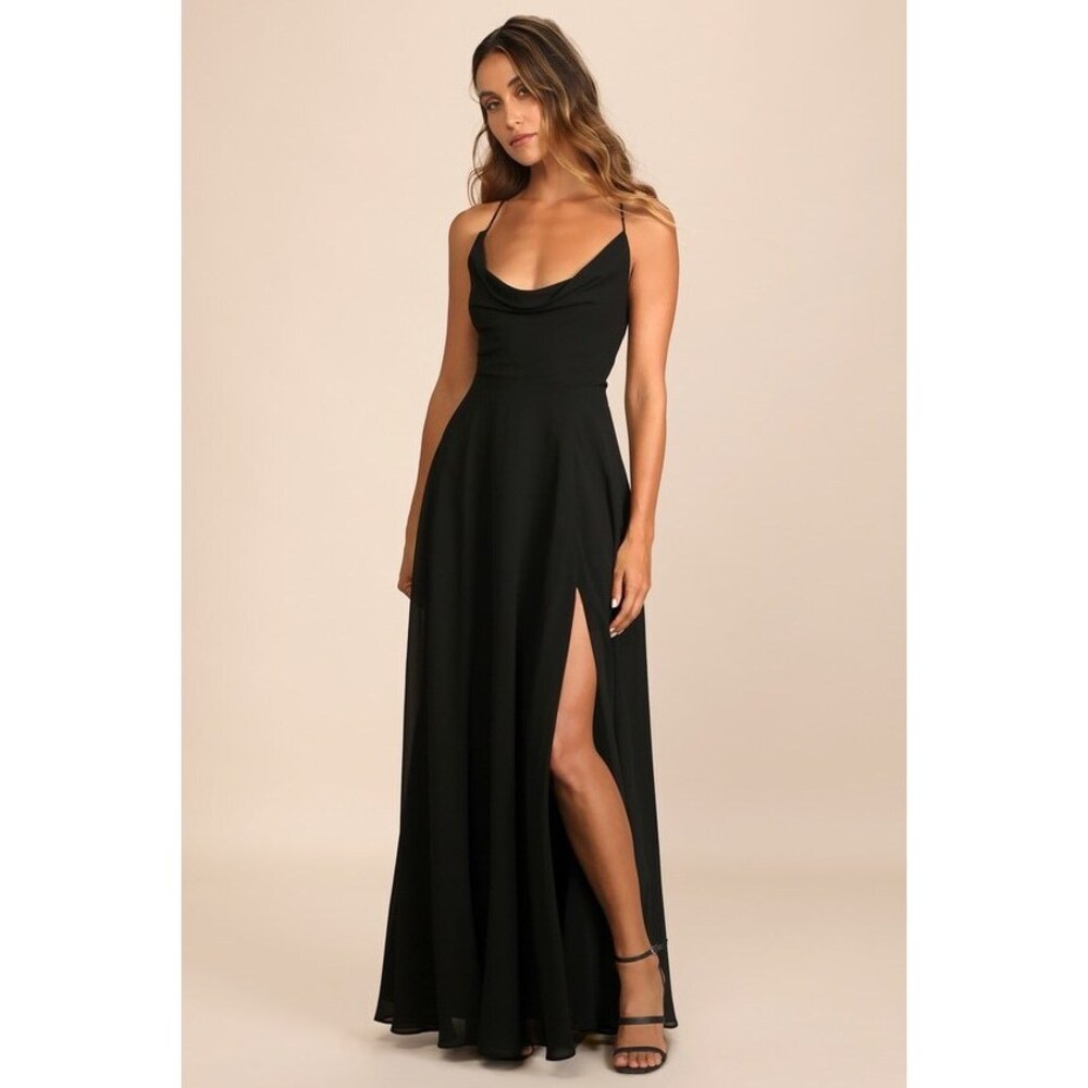 Lulus Romantically Speaking Black Cowl Lace-up Maxi Dress - Size XL
